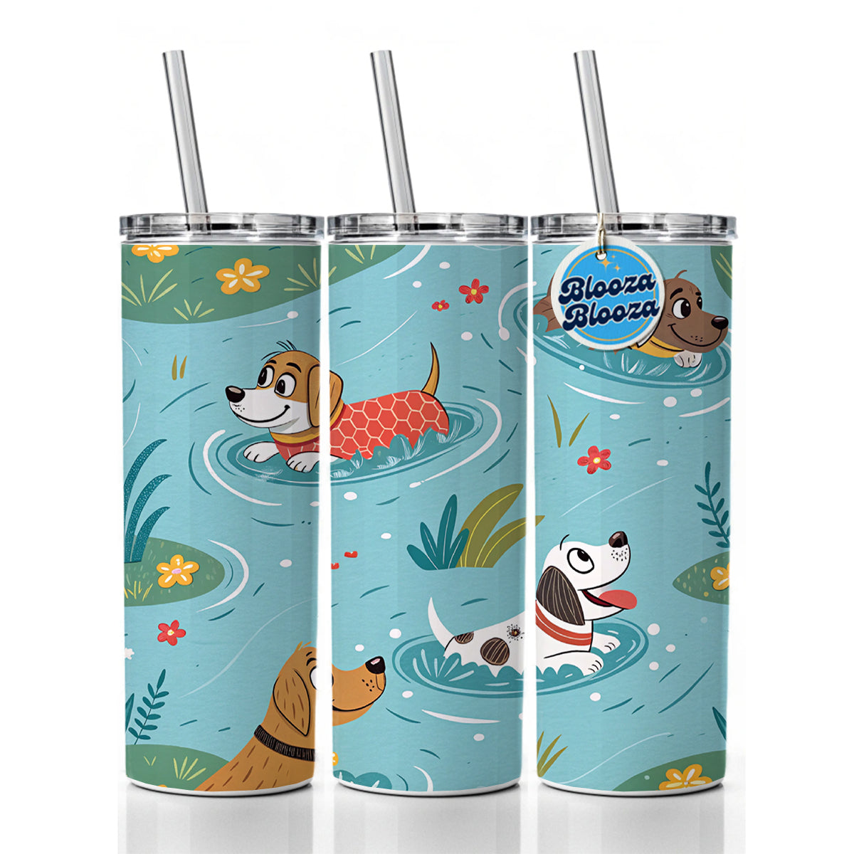 Dogs Swimming Playing In Pond Skinny Tumbler 20oz with Straw Insulated Water Bottle Gift