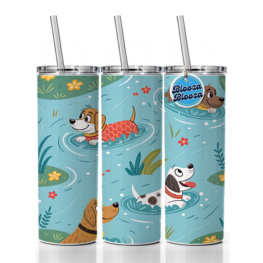 Dogs Swimming Playing In Pond Skinny Tumbler 20oz with Straw Insulated Water Bottle Gift