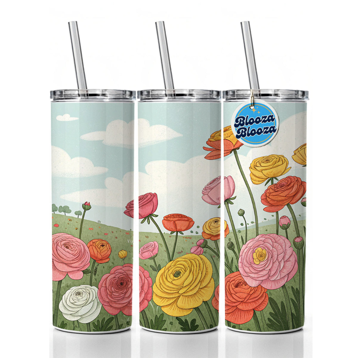 Field Of Ranunculus Flowers Skinny Tumbler 20oz with Straw Insulated Water Bottle Gift