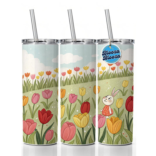 Field Of Tulips And Bunny Flowers Skinny Tumbler 20oz with Straw Insulated Water Bottle Gift