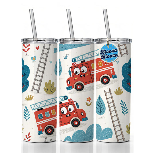 Firetrucks Cartoon Style Skinny Tumbler 20oz with Straw Insulated Water Bottle Gift