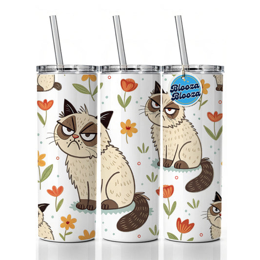Grumpy Persian Cat Skinny Tumbler 20oz with Straw Insulated Water Bottle Gift