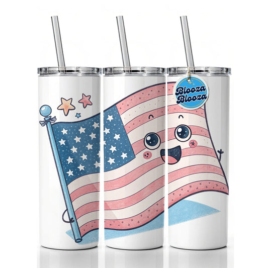 Kawaii American USA Flag Skinny Tumbler 20oz with Straw Insulated Water Bottle Gift