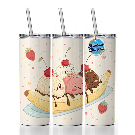 Kawaii Banana Split Ice Cream Skinny Tumbler 20oz with Straw Insulated Water Bottle Gift