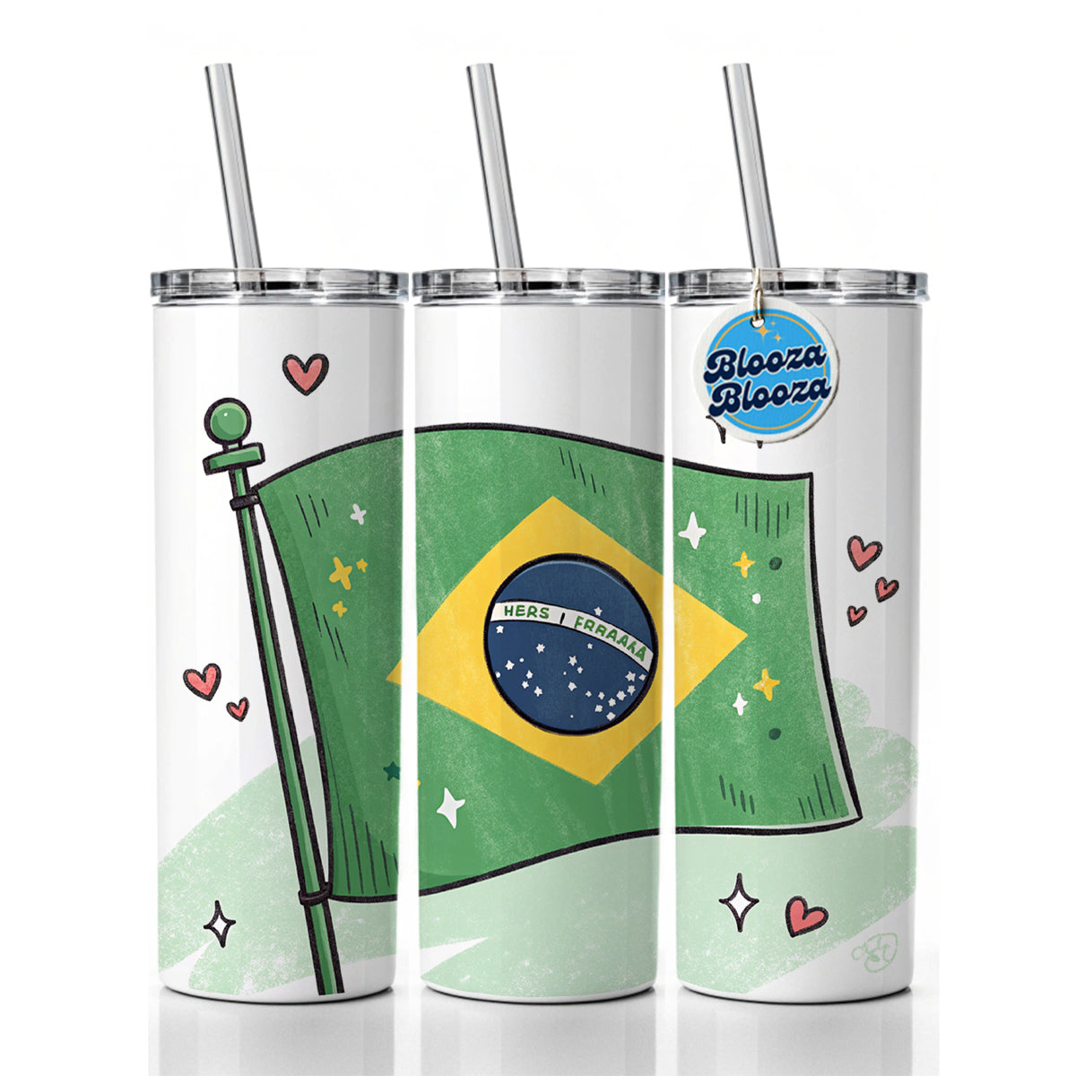 Kawaii Brazil Flag Skinny Tumbler 20oz with Straw Insulated Water Bottle Gift