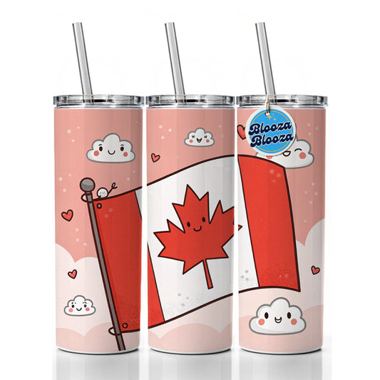 Kawaii Canada Flag Skinny Tumbler 20oz with Straw Insulated Water Bottle Gift