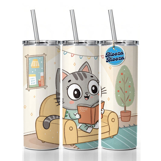 Kawaii Cat Reading Book On Couch Reader Skinny Tumbler 20oz with Straw Insulated Water Bottle Gift