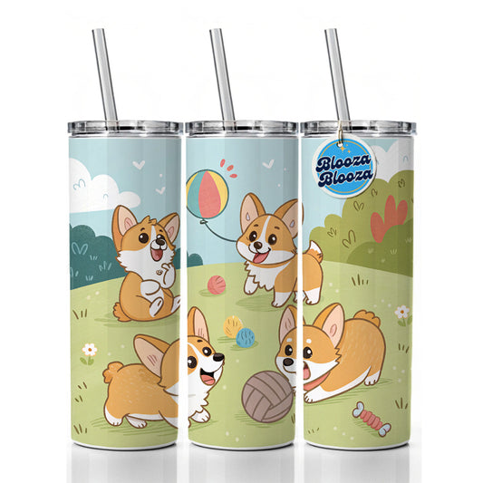 Kawaii Corgis Dogs Playing Skinny Tumbler 20oz with Straw Insulated Water Bottle Gift