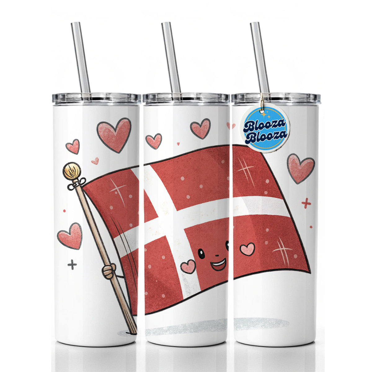 Kawaii Denmark Flag Skinny Tumbler 20oz with Straw Insulated Water Bottle Gift