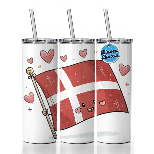 Kawaii Denmark Flag Skinny Tumbler 20oz with Straw Insulated Water Bottle Gift