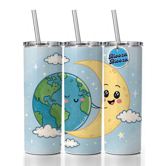 Kawaii Earth And Crescent Moon Skinny Tumbler 20oz with Straw Insulated Water Bottle Gift