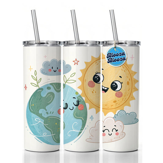 Kawaii Earth And Sun Skinny Tumbler 20oz with Straw Insulated Water Bottle Gift