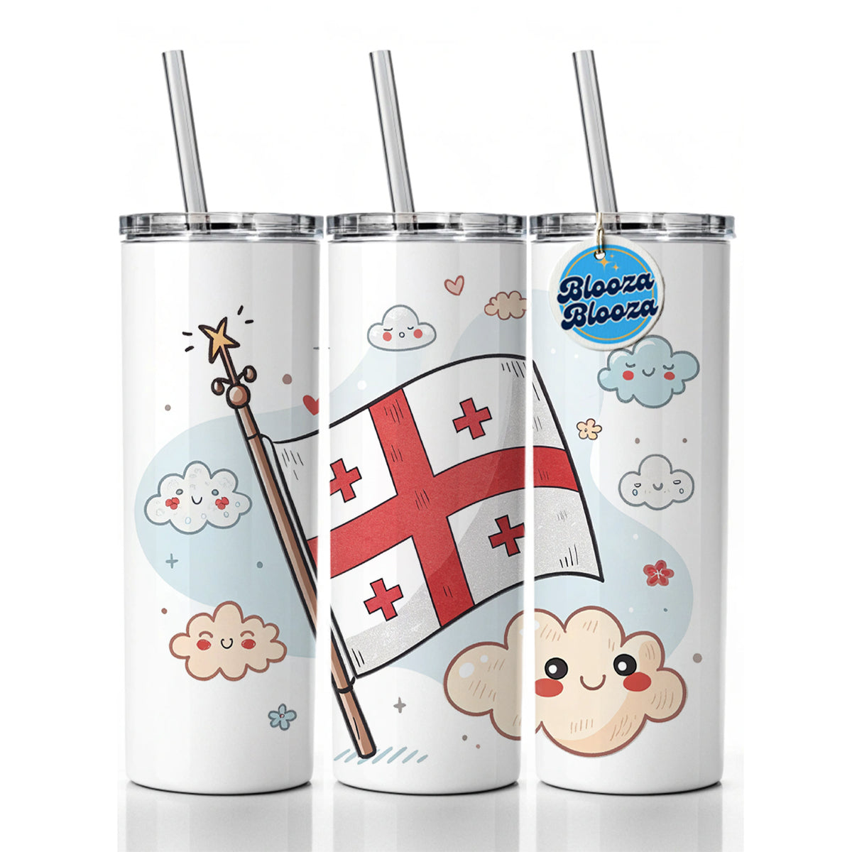 Kawaii Georgia Flag Skinny Tumbler 20oz with Straw Insulated Water Bottle Gift