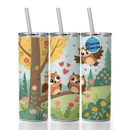 Kawaii Great Horned Owls Skinny Tumbler 20oz with Straw Insulated Water Bottle Gift
