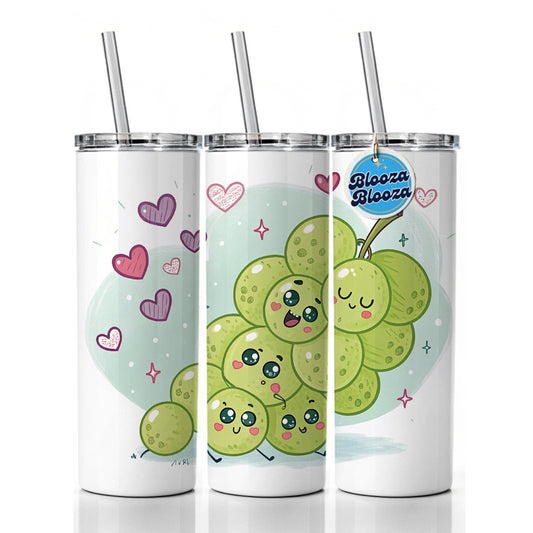 Kawaii Green Grapes And Hearts Skinny Tumbler 20oz with Straw Insulated Water Bottle Gift