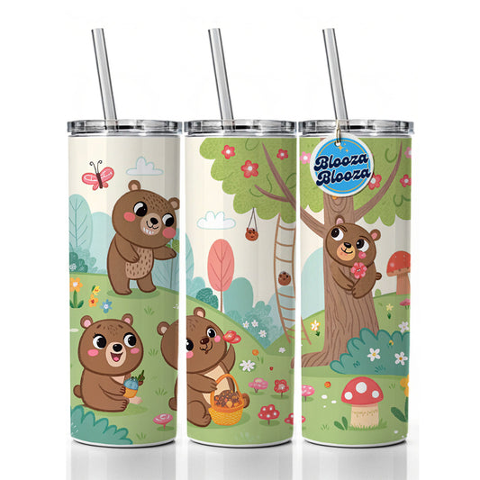 Kawaii Grizzly Bears Skinny Tumbler 20oz with Straw Insulated Water Bottle Gift