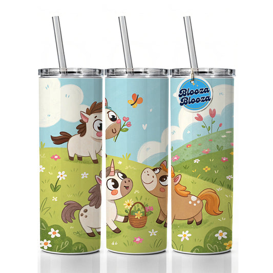 Kawaii Horses Playing Skinny Tumbler 20oz with Straw Insulated Water Bottle Gift