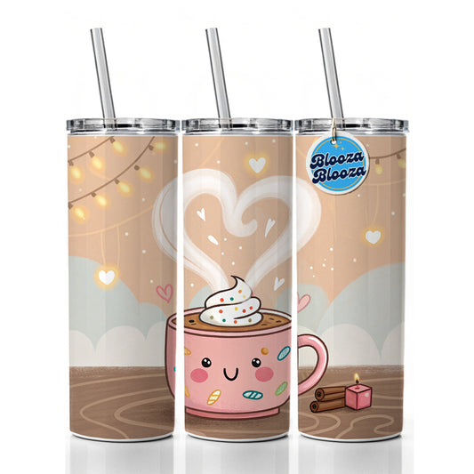 Kawaii Hot Cocoa Chocolate Skinny Tumbler 20oz with Straw Insulated Water Bottle Gift