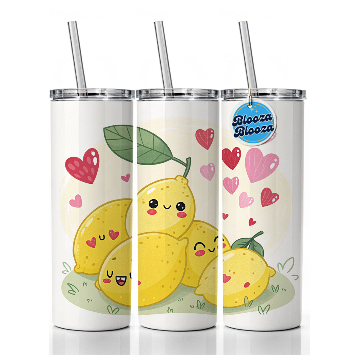 Kawaii Lemons And Hearts Skinny Tumbler 20oz with Straw Insulated Water Bottle Gift