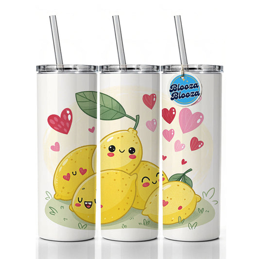 Kawaii Lemons And Hearts Skinny Tumbler 20oz with Straw Insulated Water Bottle Gift