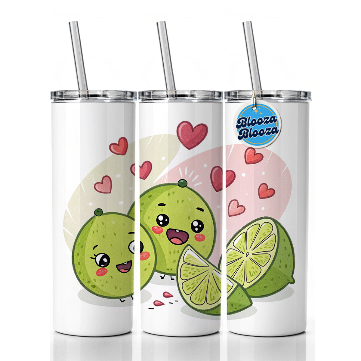 Kawaii Limes And Hearts Skinny Tumbler 20oz with Straw Insulated Water Bottle Gift
