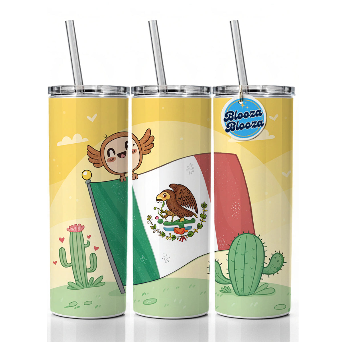 Kawaii Mexico Mexican Flag Skinny Tumbler 20oz with Straw Insulated Water Bottle Gift