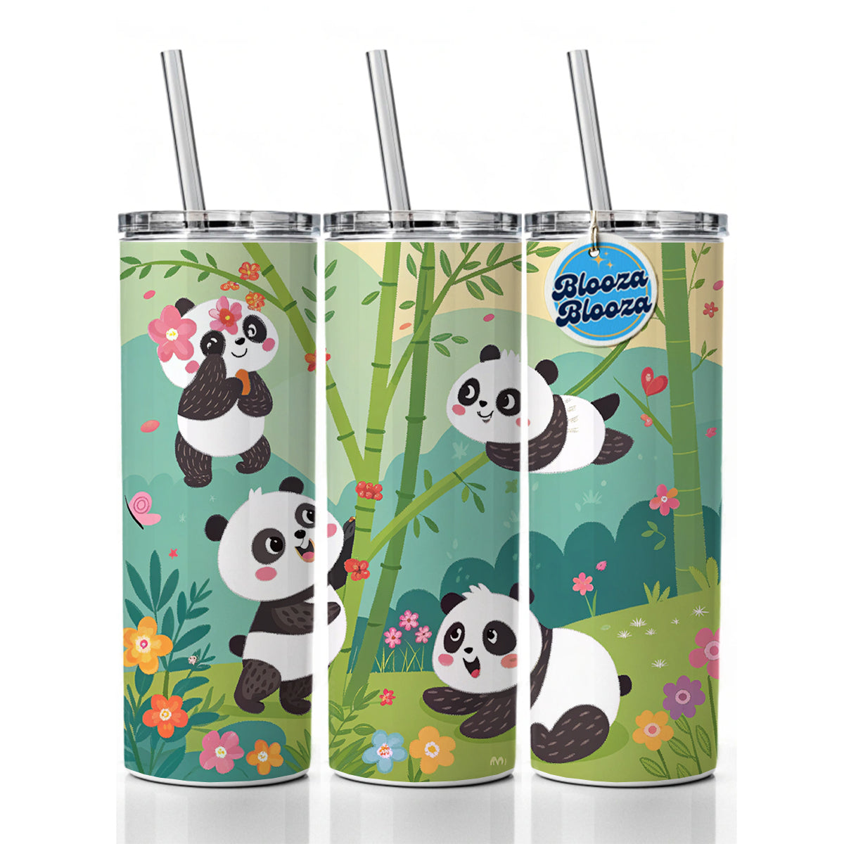 Kawaii Pandas Skinny Tumbler 20oz with Straw Insulated Water Bottle Gift