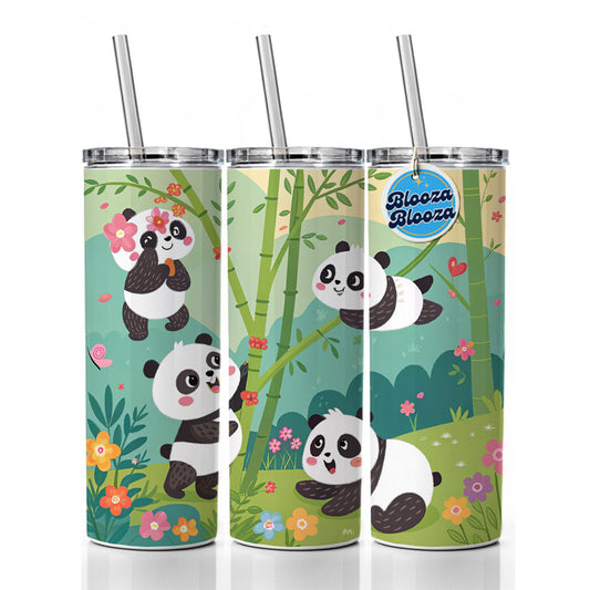 Kawaii Pandas Skinny Tumbler 20oz with Straw Insulated Water Bottle Gift
