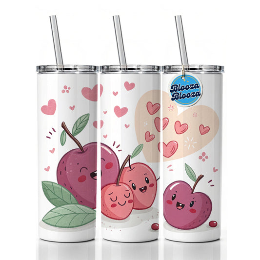Kawaii Plums And Hearts Skinny Tumbler 20oz with Straw Insulated Water Bottle Gift