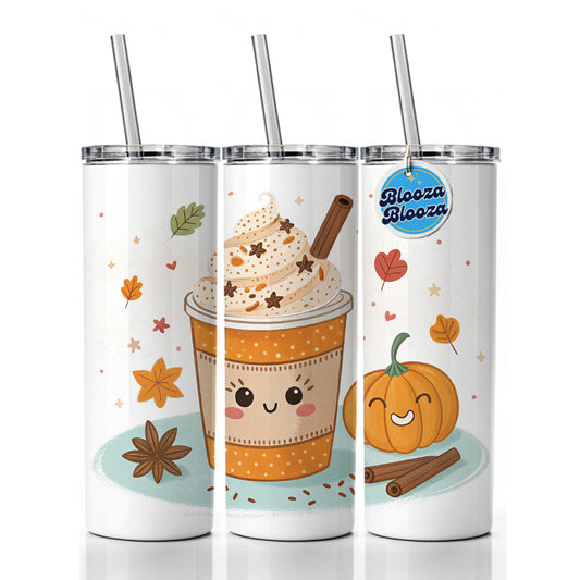 Kawaii Pumpkin Spice Latte Coffee Skinny Tumbler 20oz with Straw Insulated Water Bottle Gift