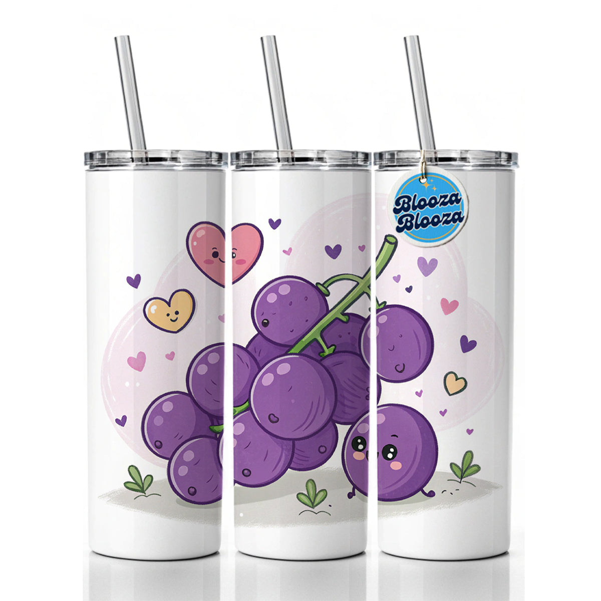 Kawaii Purple Grapes And Hearts  Skinny Tumbler 20oz with Straw Insulated Water Bottle Gift