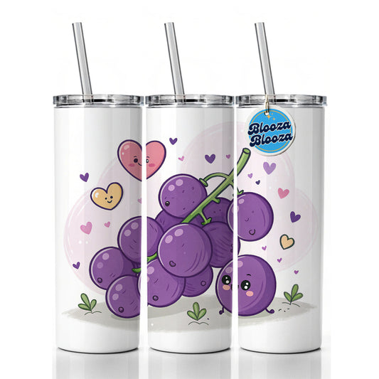Kawaii Purple Grapes And Hearts  Skinny Tumbler 20oz with Straw Insulated Water Bottle Gift