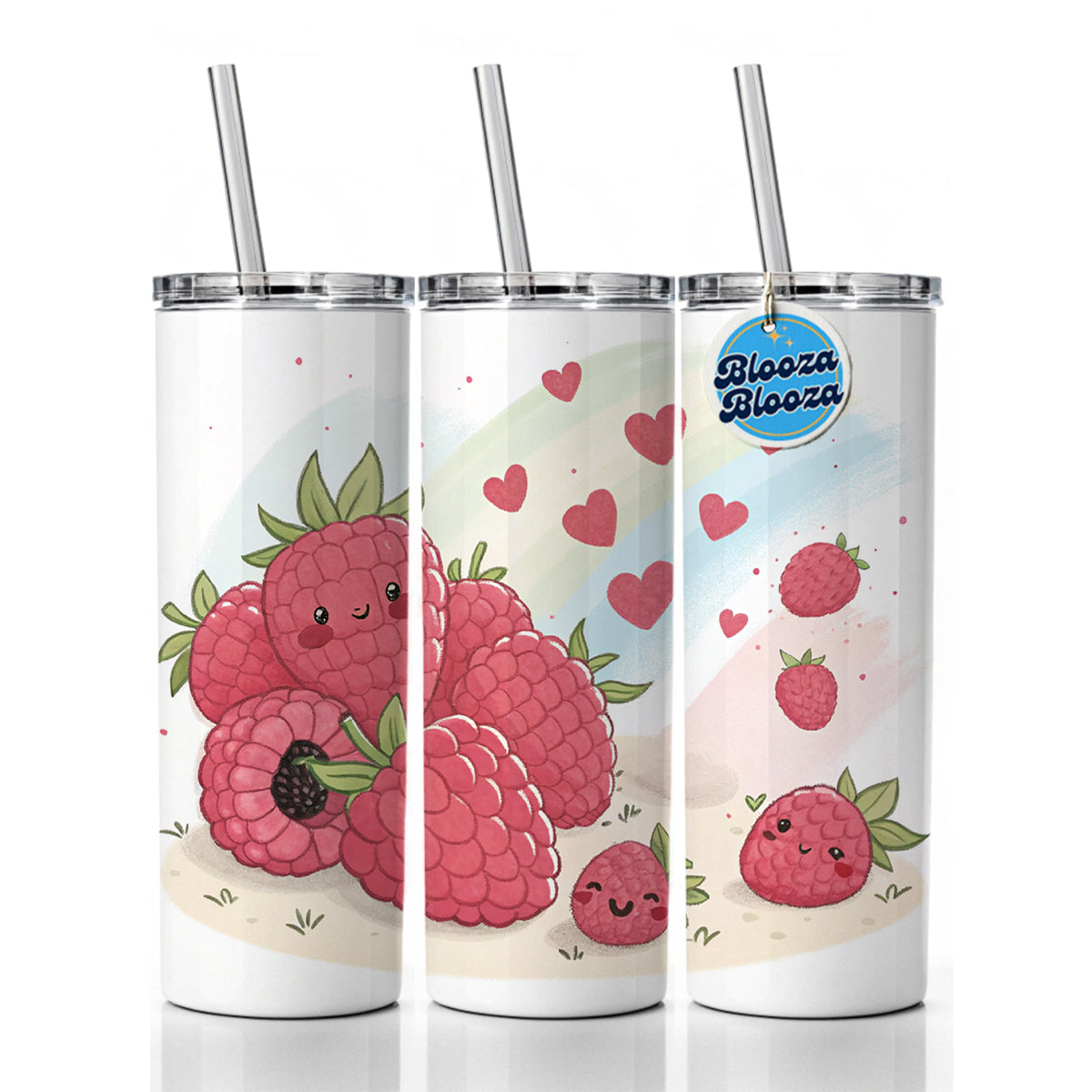 Kawaii Raspberries And Hearts Skinny Tumbler 20oz with Straw Insulated Water Bottle Gift