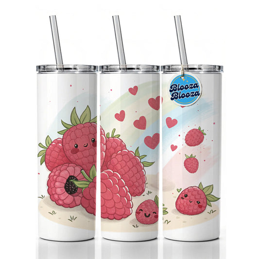 Kawaii Raspberries And Hearts Skinny Tumbler 20oz with Straw Insulated Water Bottle Gift