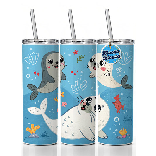 Kawaii Seals Skinny Tumbler 20oz with Straw Insulated Water Bottle Gift