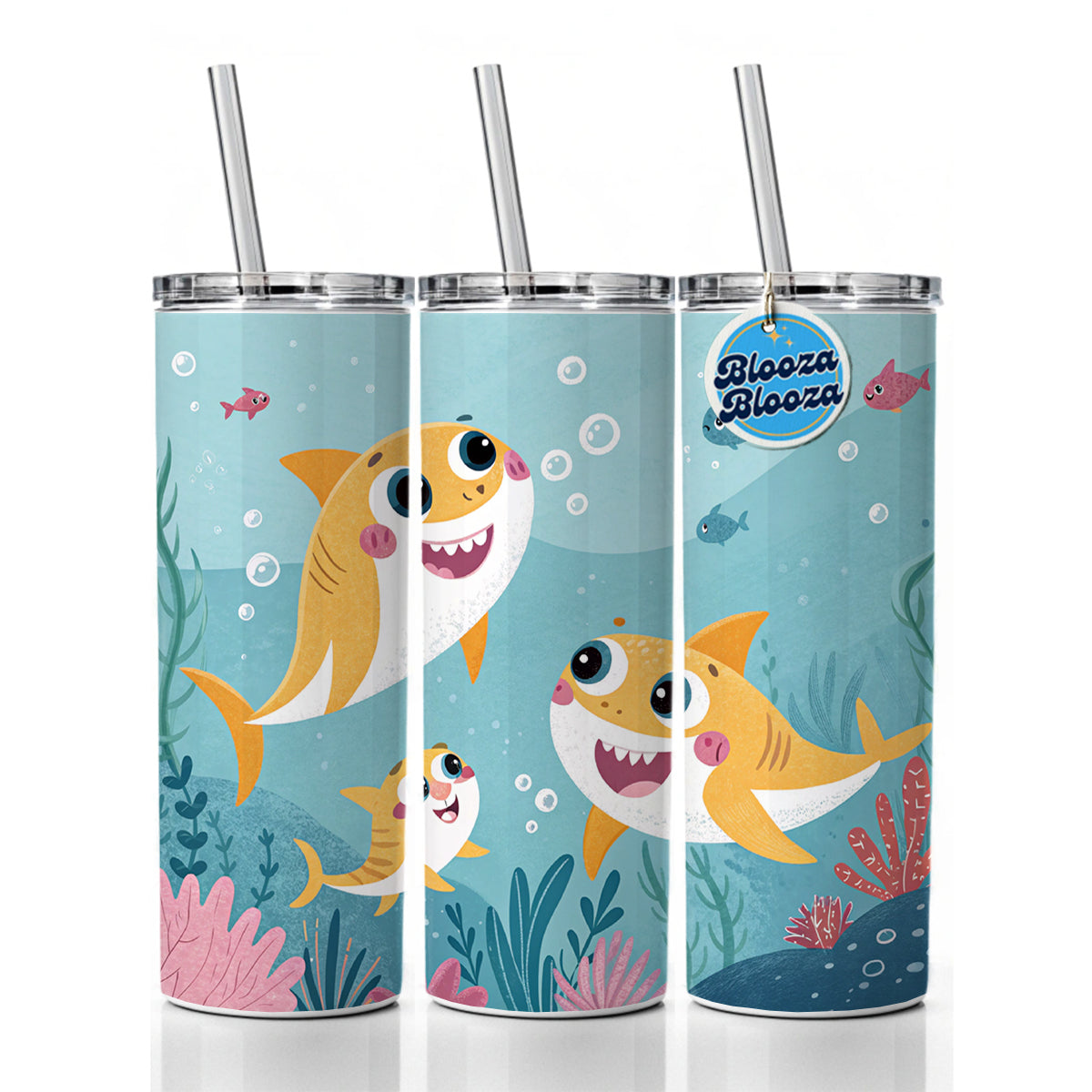 Kawaii Sharks Skinny Tumbler 20oz with Straw Insulated Water Bottle Gift
