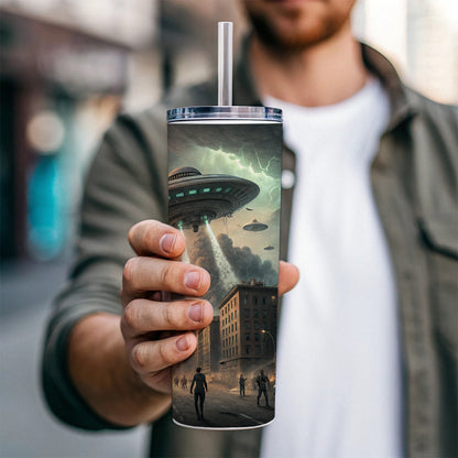 Alien Martian Invasion Destruction Of Earth Sci-fi Skinny Tumbler 20oz with Straw Insulated Water Bottle Gift
