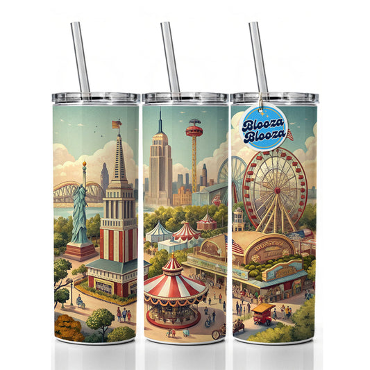 Americana New York World's Fair Skinny Tumbler 20oz with Straw Insulated Water Bottle Gift