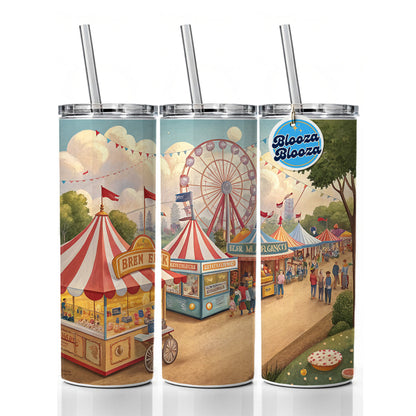 Americana State Fair Scene Skinny Tumbler 20oz with Straw Insulated Water Bottle Gift