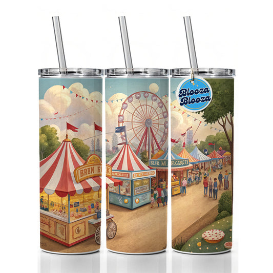 Americana State Fair Scene Skinny Tumbler 20oz with Straw Insulated Water Bottle Gift