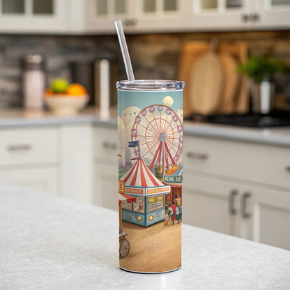 Americana State Fair Scene Skinny Tumbler 20oz with Straw Insulated Water Bottle Gift