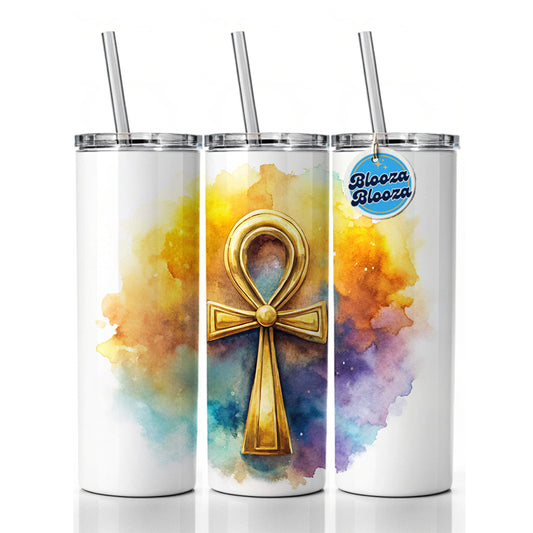 Ancient Egyptian Gold Ankh Watercolor Skinny Tumbler 20oz with Straw Insulated Water Bottle Gift