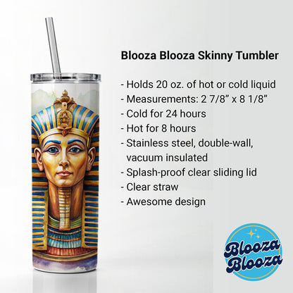 Ancient Egyptian Pharaoh Watercolor Skinny Tumbler 20oz with Straw Insulated Water Bottle Gift
