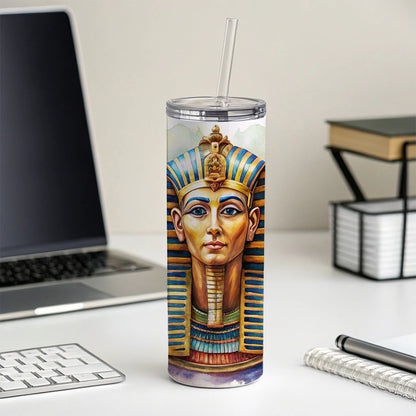 Ancient Egyptian Pharaoh Watercolor Skinny Tumbler 20oz with Straw Insulated Water Bottle Gift