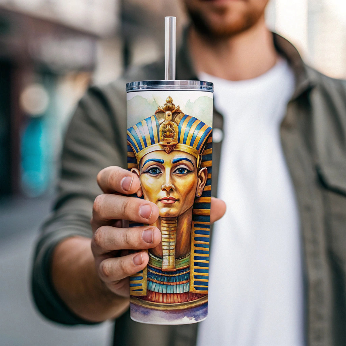 Ancient Egyptian Pharaoh Watercolor Skinny Tumbler 20oz with Straw Insulated Water Bottle Gift
