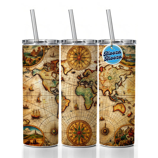 Ancient Maritime Nautical World Map Skinny Tumbler 20oz with Straw Insulated Water Bottle Gift