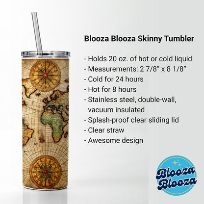 Ancient Maritime Nautical World Map Skinny Tumbler 20oz with Straw Insulated Water Bottle Gift
