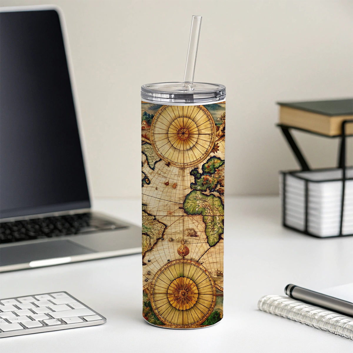 Ancient Nautical World Maritime Map Skinny Tumbler 20oz with Straw Insulated Water Bottle Gift