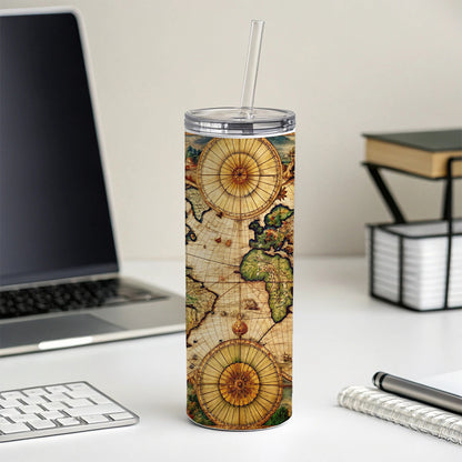 Ancient Nautical World Maritime Map Skinny Tumbler 20oz with Straw Insulated Water Bottle Gift