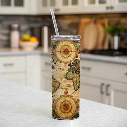 Ancient Nautical World Maritime Map Skinny Tumbler 20oz with Straw Insulated Water Bottle Gift
